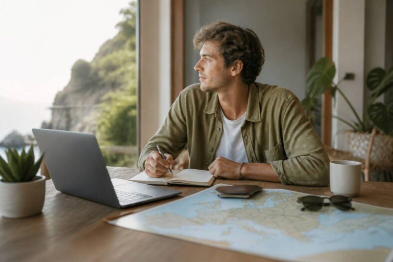 Reiziger vergelijkt vakanties met laptop, notitieboek en kaart
