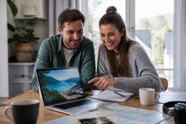 Praktische checklist voor reizen en vakanties vergelijken aan een keukentafel met laptop en papieren