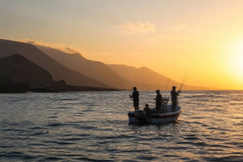 Vissers op een boot met uitzicht op de Atlantische Oceaan en de vulkanische kust van Lanzarote